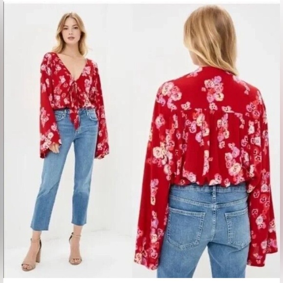 Free People Forties Feels Bodysuit Size Large Floral Red Bell Sleeve Lace Boho - Picture 4 of 9
